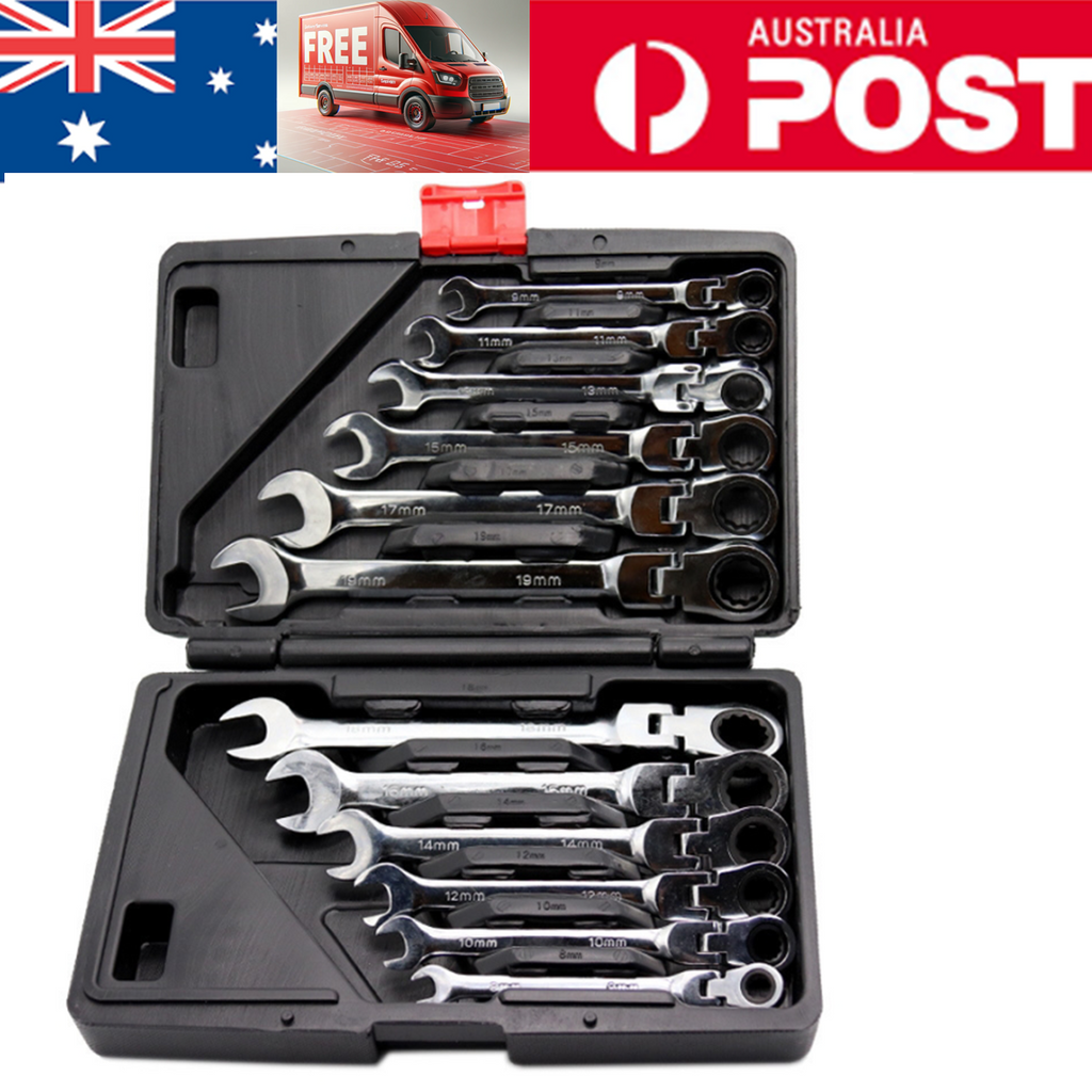 12 Pcs Metric 8-19mm Flexible Head Spanner Gear Ratchet Wrench Cr-V Steel Set